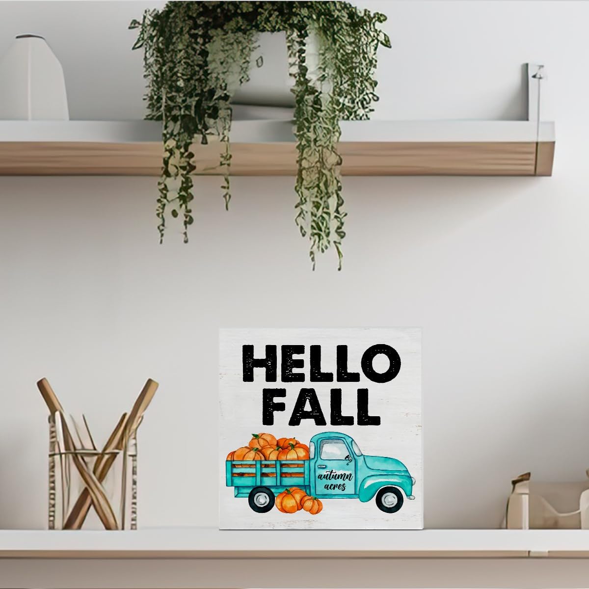Cartel de madera de otoño para decoración del hogar, letrero cuadrado de madera con texto en inglés “Hello Fall”, letrero de madera para escritorio,