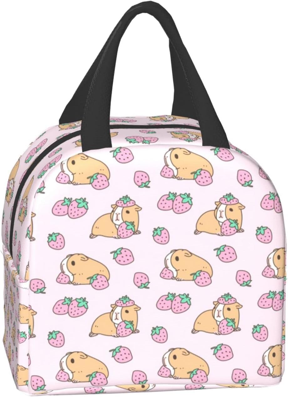 Caja de almuerzo con diseño de conejillo de indias rosa y fresa Bento bolsa de viaje picnic cajas de asas aisladas contenedor duradero bolsa de