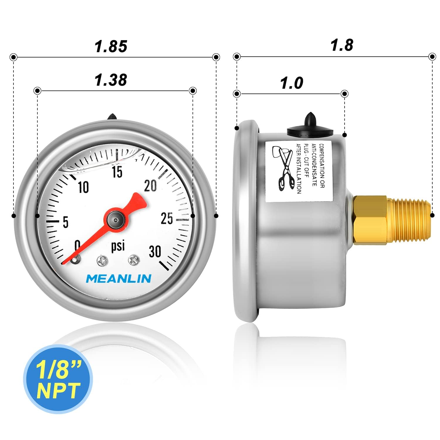MEANLIN MEASURE Medidor de presión de 0  30 psi, esfera con cara NPT de 1.5 pulgadas con relleno de glicerina, acero inoxidable con relleno de