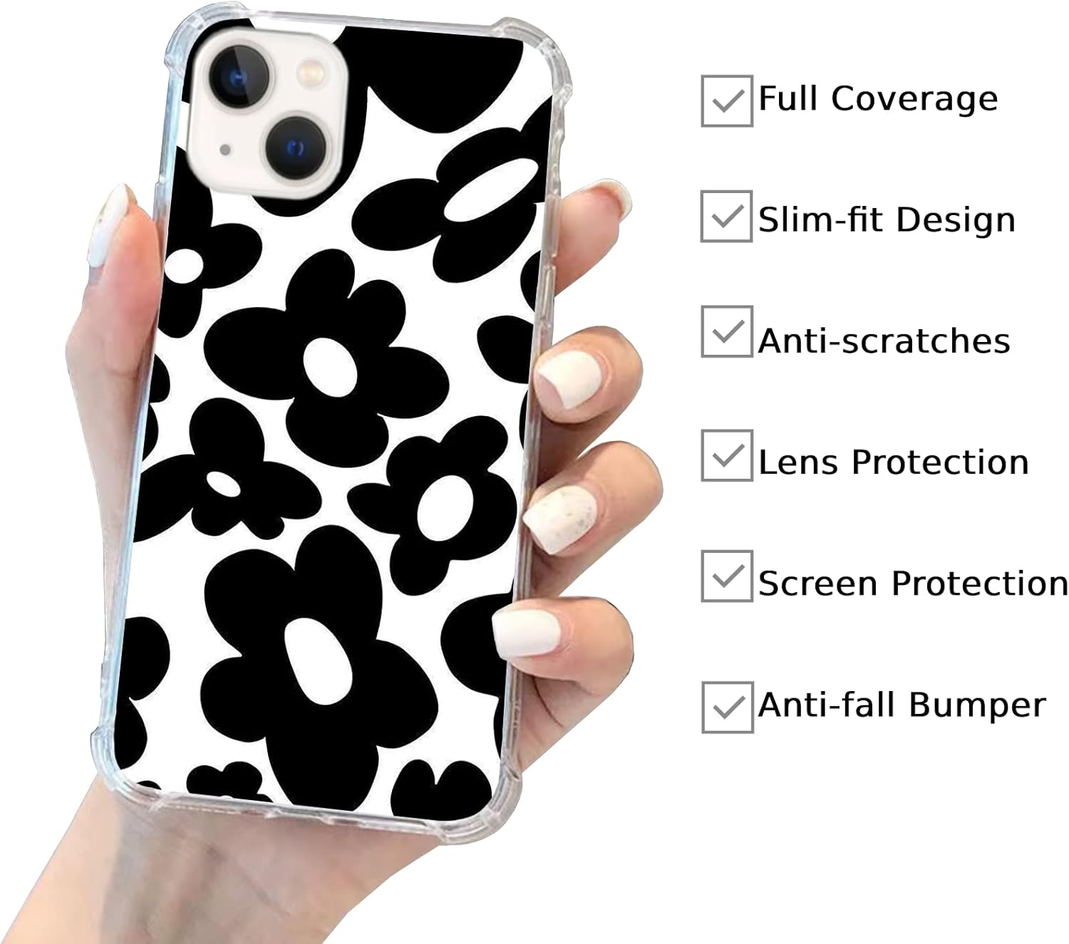 Funda negra con diseño de flores retro de los años 70, compatible con iPhone 13, diseño vintage con diseño floral negro para iPhone 13, diseño de