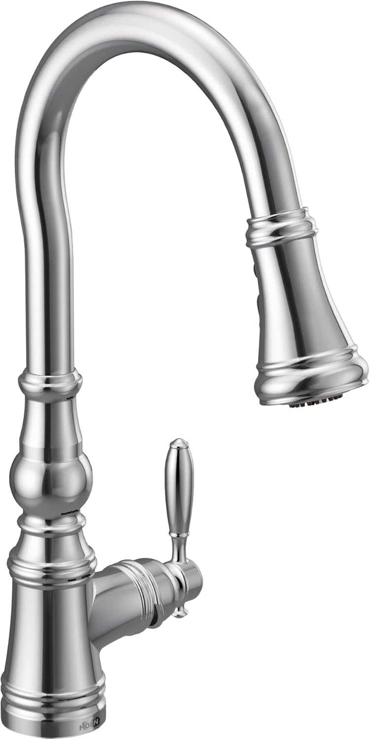 Moen S73004 Weymouth Shepherd’s Hook Grifo de cocina desplegable con varilla de metal con refuerzo de potencia, cromado