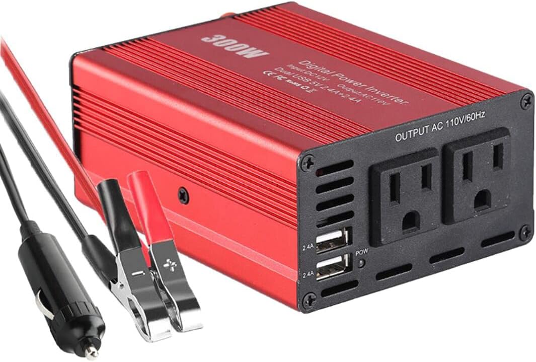 Inversor de corriente de 300 W, convertidor de potencia de automóvil de 12 V CC a 110 V CA con cargadores USB duales de 4.8 A para camping, viaje de