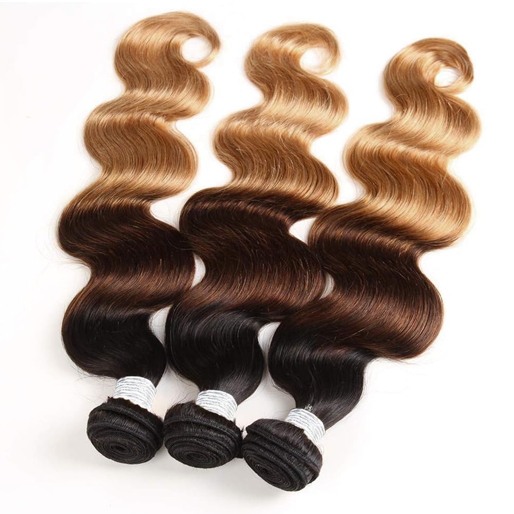 Wingirl Extensiones de cabello humano degradado de grado 10A rubio miel (T1B427 18 20 22 pulgadas) 100% sin procesar, mechones de cabello humano