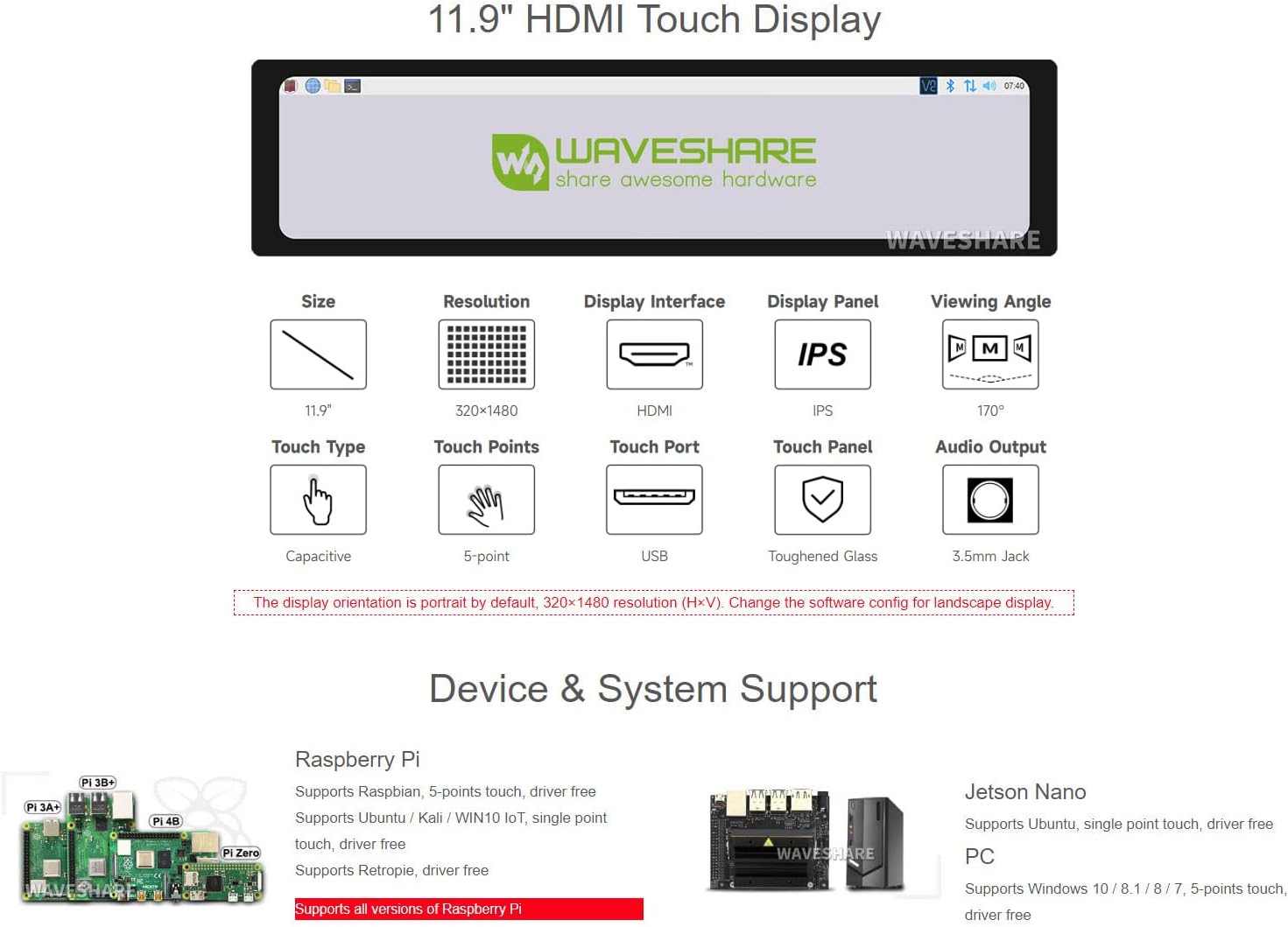 LCD HDMI de 11,9 pulgadas, pantalla táctil capacitiva, 320 × 1480, HDMI, IPS, cubierta de vidrio endurecido, compatible con todas las versiones de