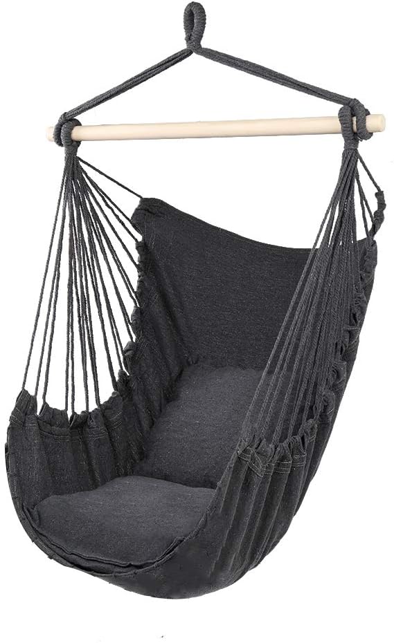 Silla hamaca columpio, silla colgante de macramé, lona de algodón, incluye dos cojines de asiento suaves, silla hamaca colgante de cuerda para