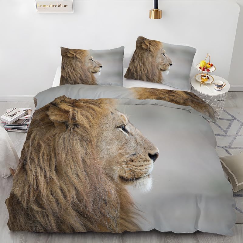 Juego de funda de edredón de león gris, tamaño Queen, con estampado de animales, funda de edredón de microfibra suave y 2 fundas de almohada de 20 x