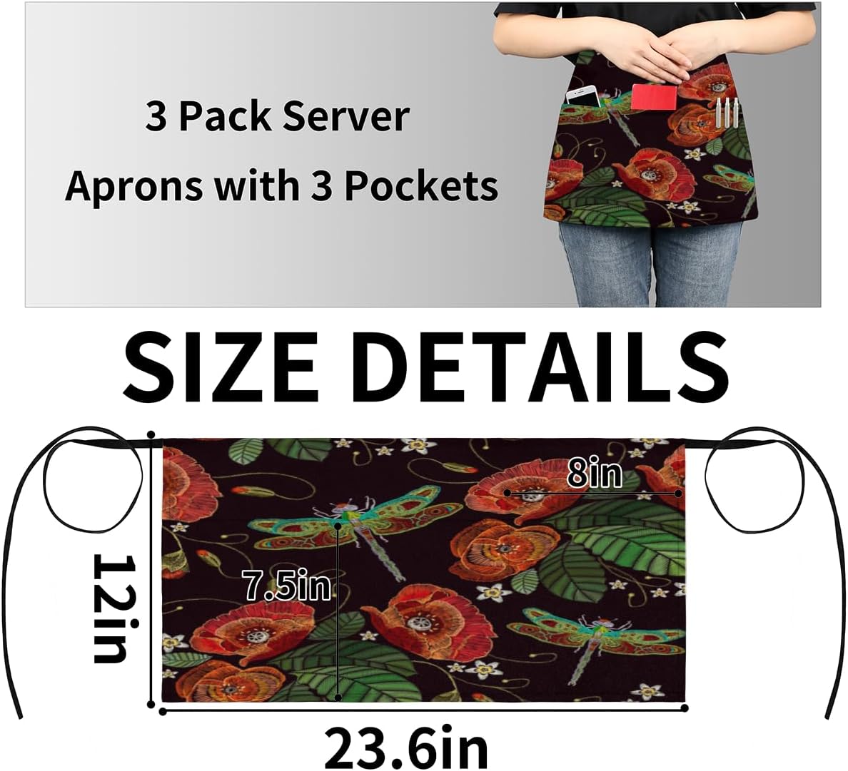KOBLEN Lotus Dragonfly – Paquete de 3 delantales de servidor con 3 bolsillos, impermeables, delantales de media cintura para mujer, para cocinar,