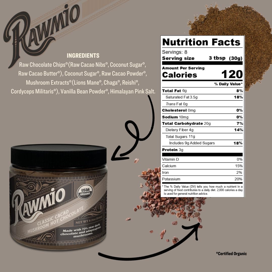 Rawmio Chocolate caliente orgánico clásico con champiñones y cacao, vegano, kosher, bajo en grasa y sin gluten, paquete de 1, 8.5 onzas