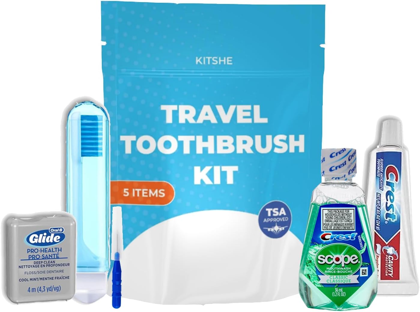 Juego de cepillos de dientes de viaje prémium  Cepillo de dientes de viaje aprobado por la TSA, hilo dental, enjuague bucal, limpiador de dientes y