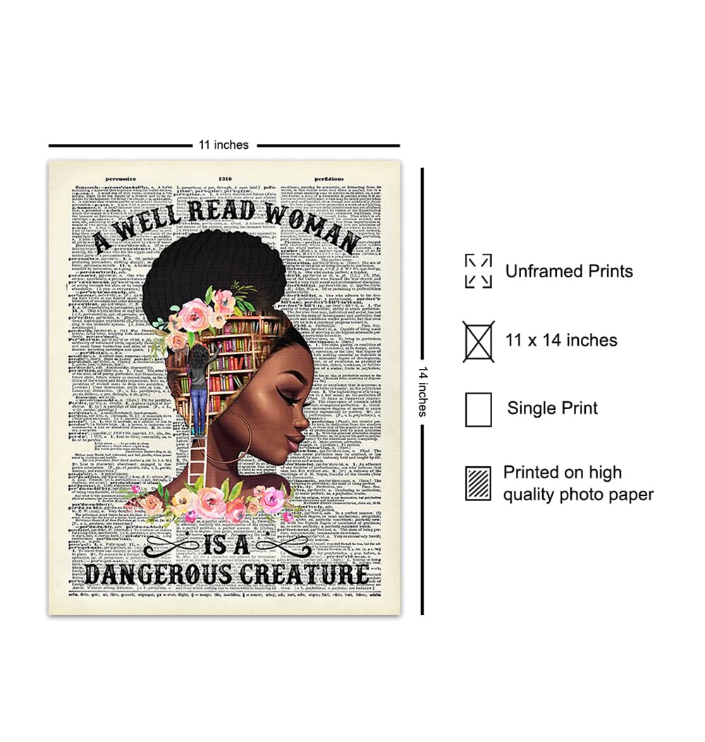 Empowered Black Women Poster LARGE 11×14 – Classroom Decor – Motivational Wall Art – Never Underestimate the Power of a Girl With a Book – African