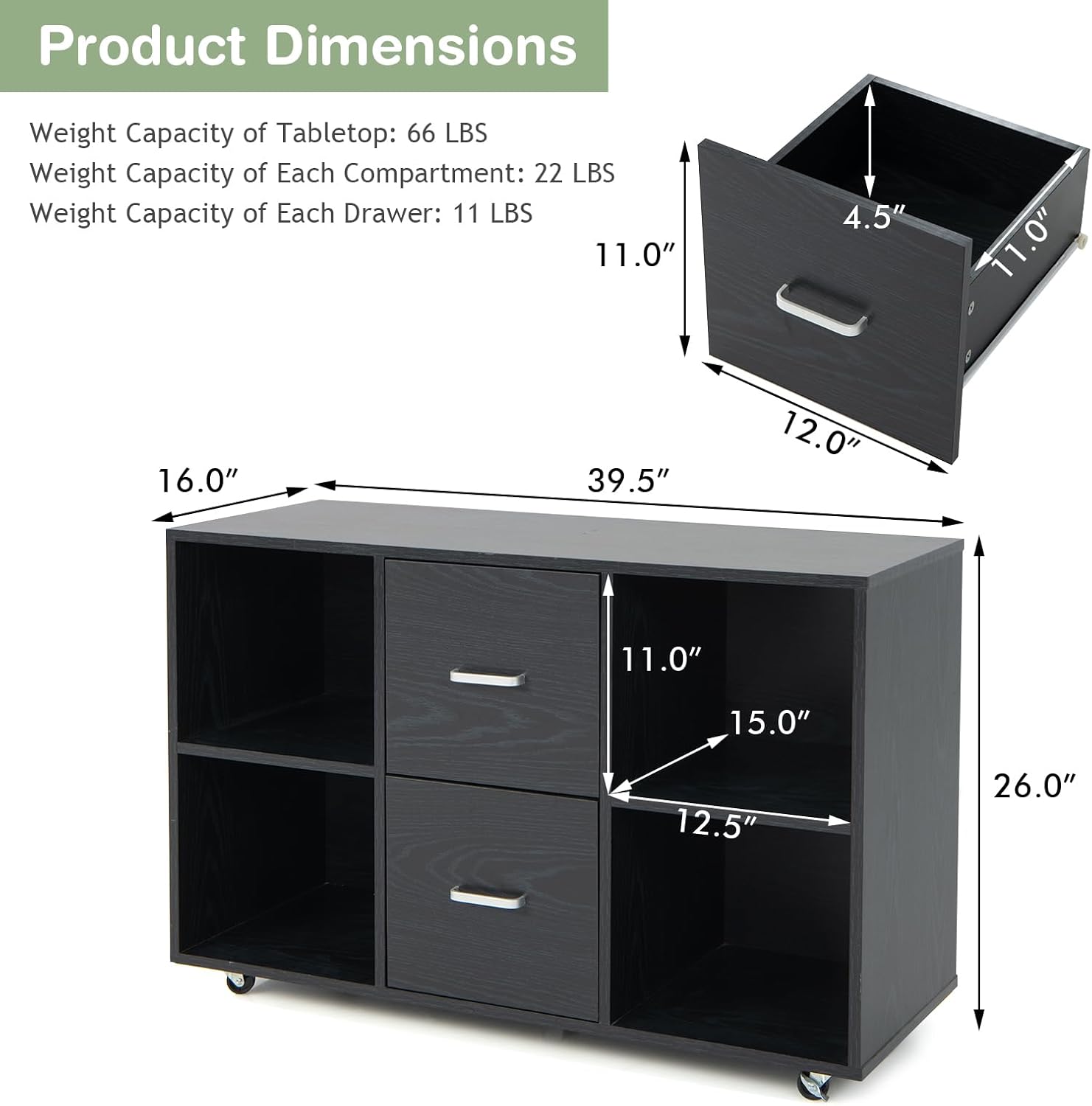Archivador de 2 cajones, archivador lateral con estantes y ruedas, aparador de buffet negro, gabinete de almacenamiento rodante, gabinetes de madera