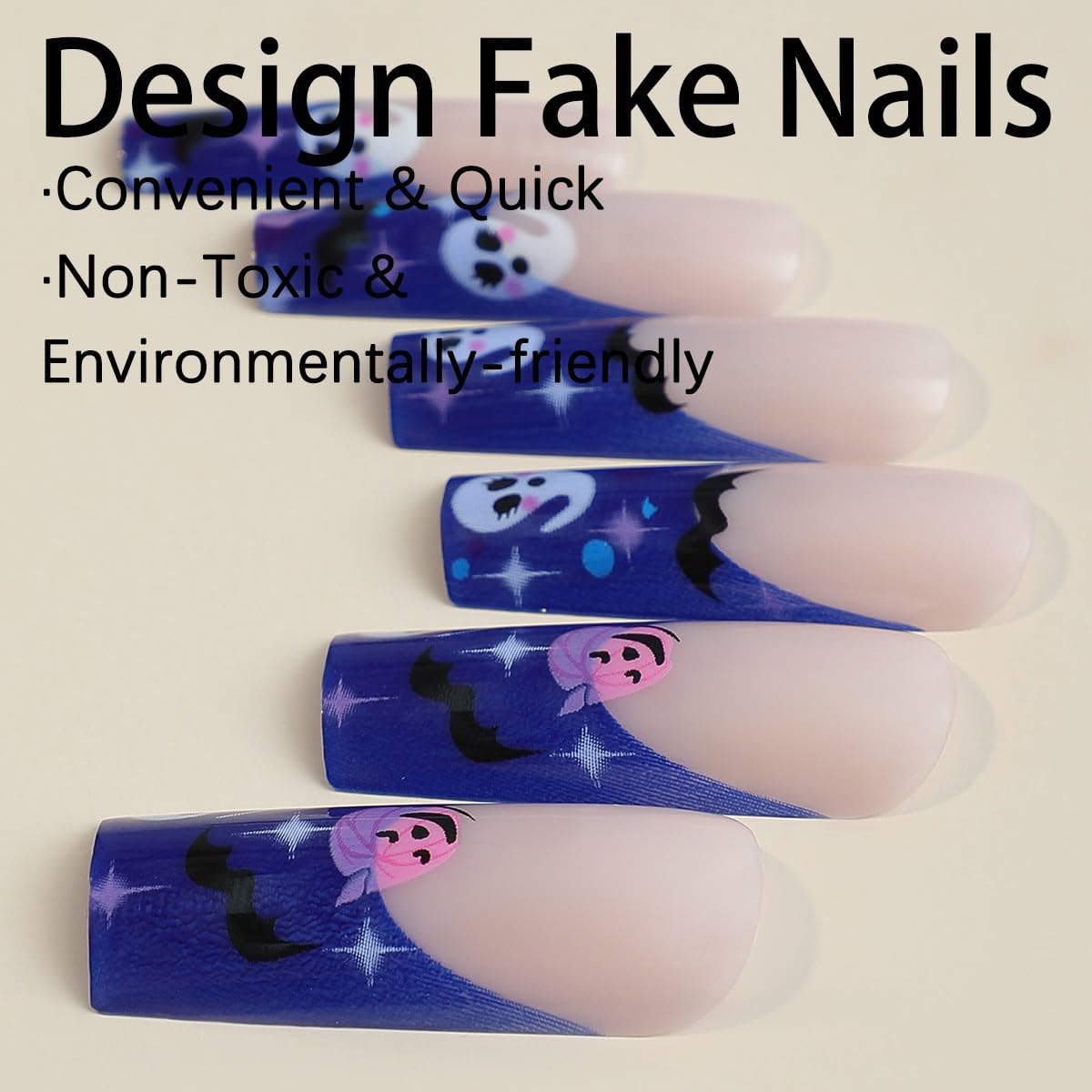 Uñas postizas extralargas a presión para Halloween, uñas postizas de punta francesa con murciélagos negros, corazón azul, estrella, asterismo,