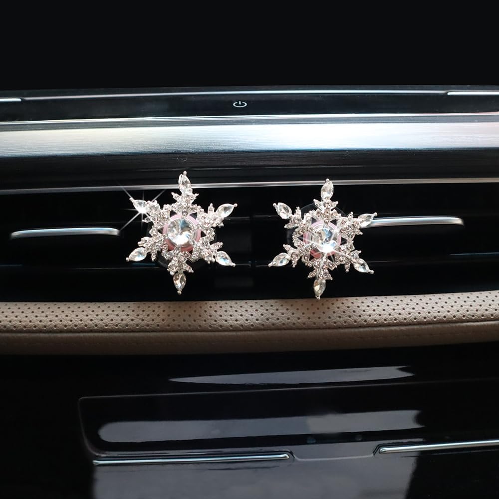 ORIESSE Clips de ventilación para ambientador de automóvil, 2 piezas de accesorios giratorios de copo de nieve plateados, accesorios de automóvil