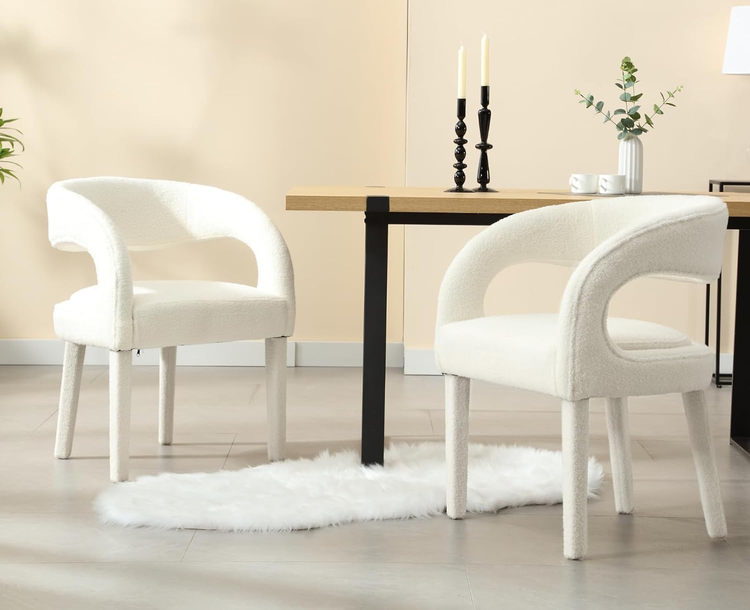 CIMOTA Juego de 2 sillas de comedor tapizadas blancas, modernas sillas de cocina y comedor, sillas de cocina Sherpa con brazosrespaldo abierto,