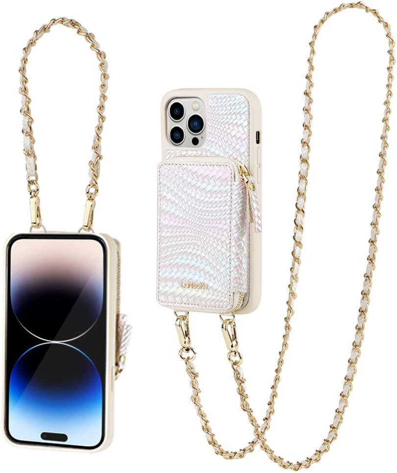 LAMEEKU Funda tipo cartera para iPhone 14 Pro, funda con tarjetero para iPhone 14 Pro, funda cruzada de cuero para mujer, funda de teléfono con