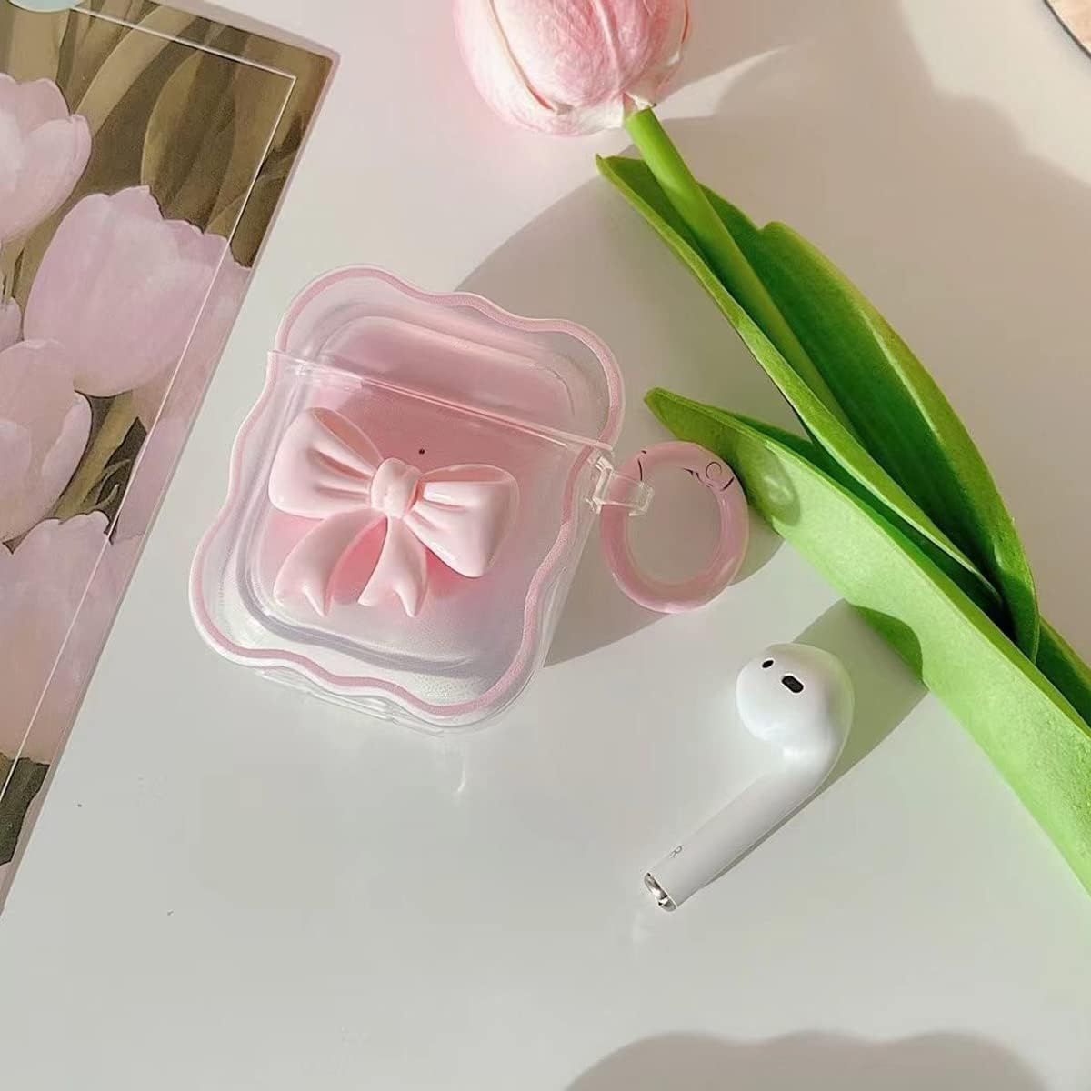 Bonita funda para AirPod con llavero de lazo rosa, diseño degradado transparente, borde ondulado, funda protectora suave compatible con AirPods de 1