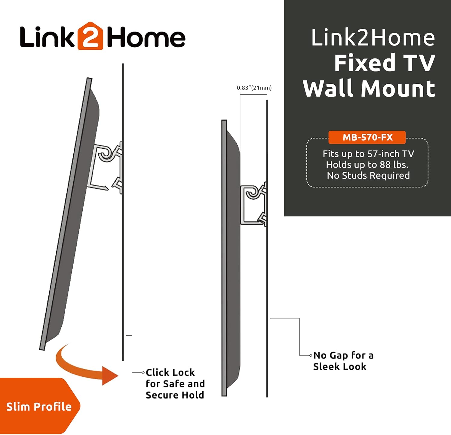 Link2Home Soporte fijo de pared para TV de hasta 57 pulgadas, se monta directamente en paredes de chapa o placas de yeso, no requiere tachuelas,