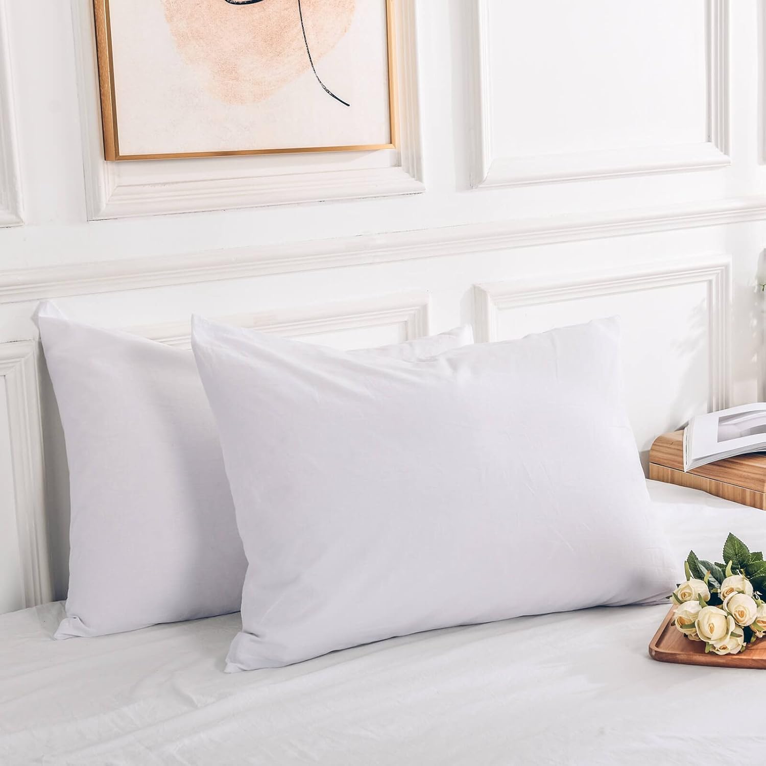 NEXHOME PRO Juego de 2 fundas de almohada 100% de algodón orgánico tamaño estándar, cierre tipo sobre, color blanco, sensación de lino con textura
