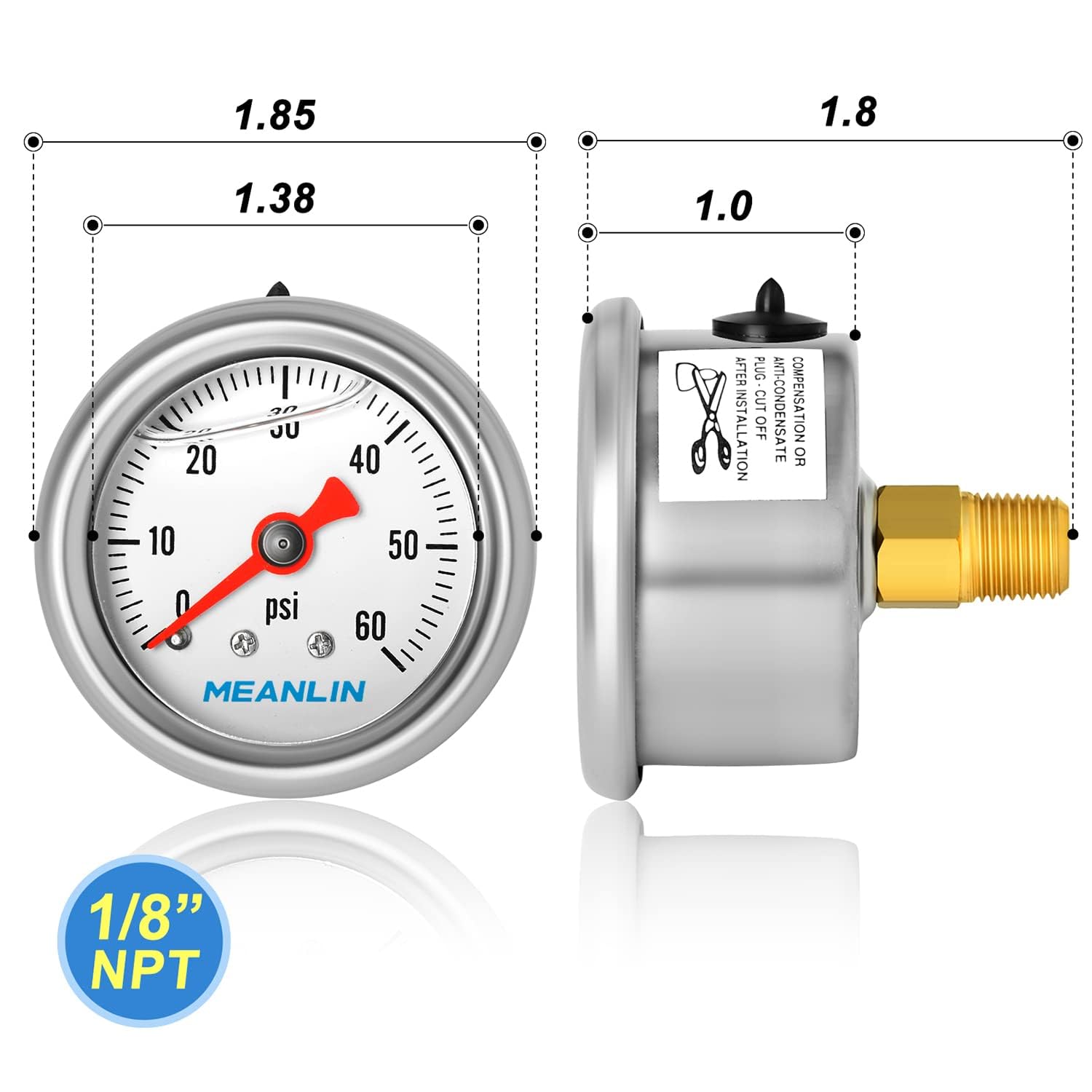 MEANLIN MEASURE Medidor de presión de 0  60 psi, esfera con cara NPT de 1.5 pulgadas, relleno de glicerina, de acero inoxidable, con relleno de
