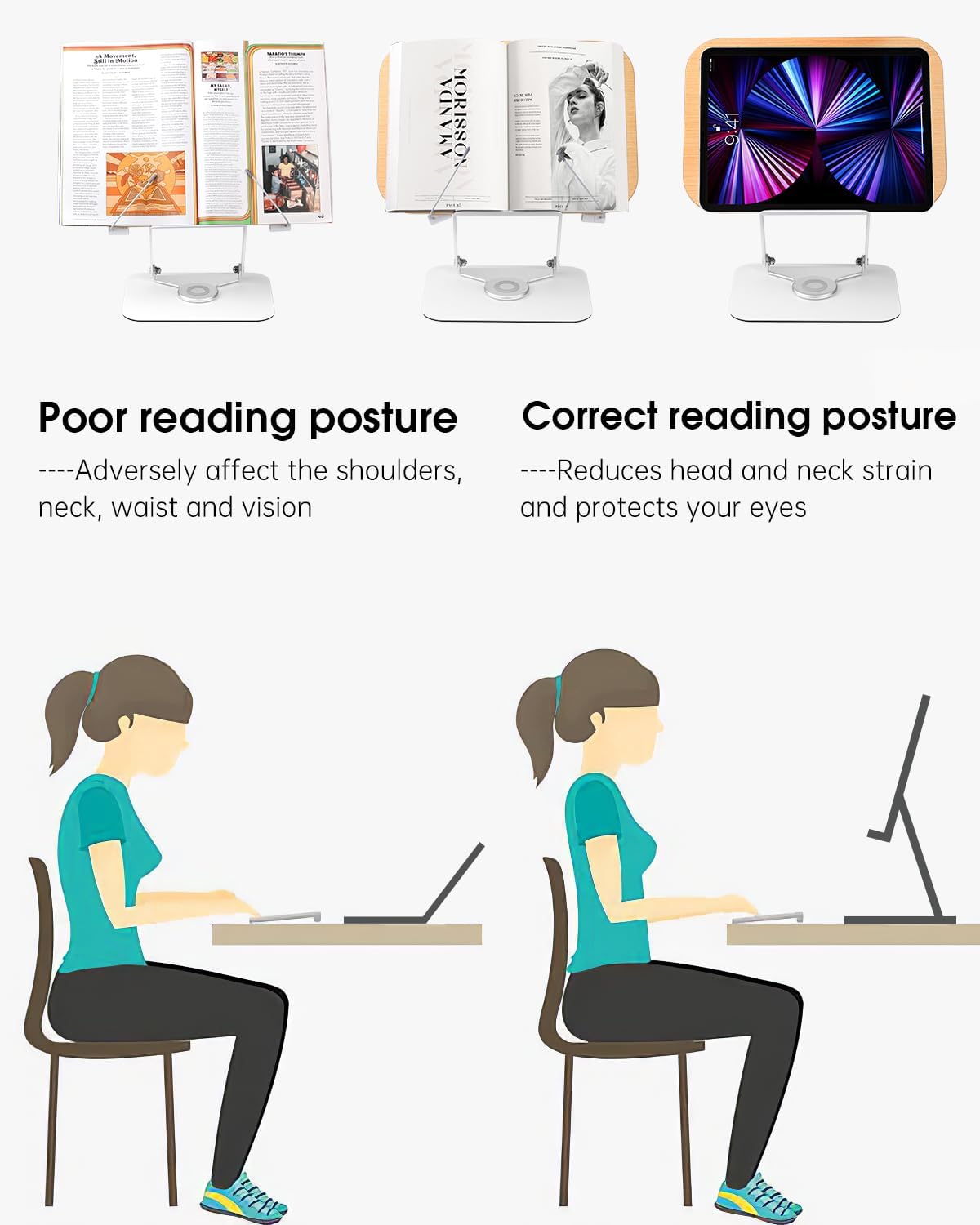 Soporte para libros, soporte para leer manos libres, soporte de escritorio ajustable con base giratoria de 360 grados y clips de página, soporte