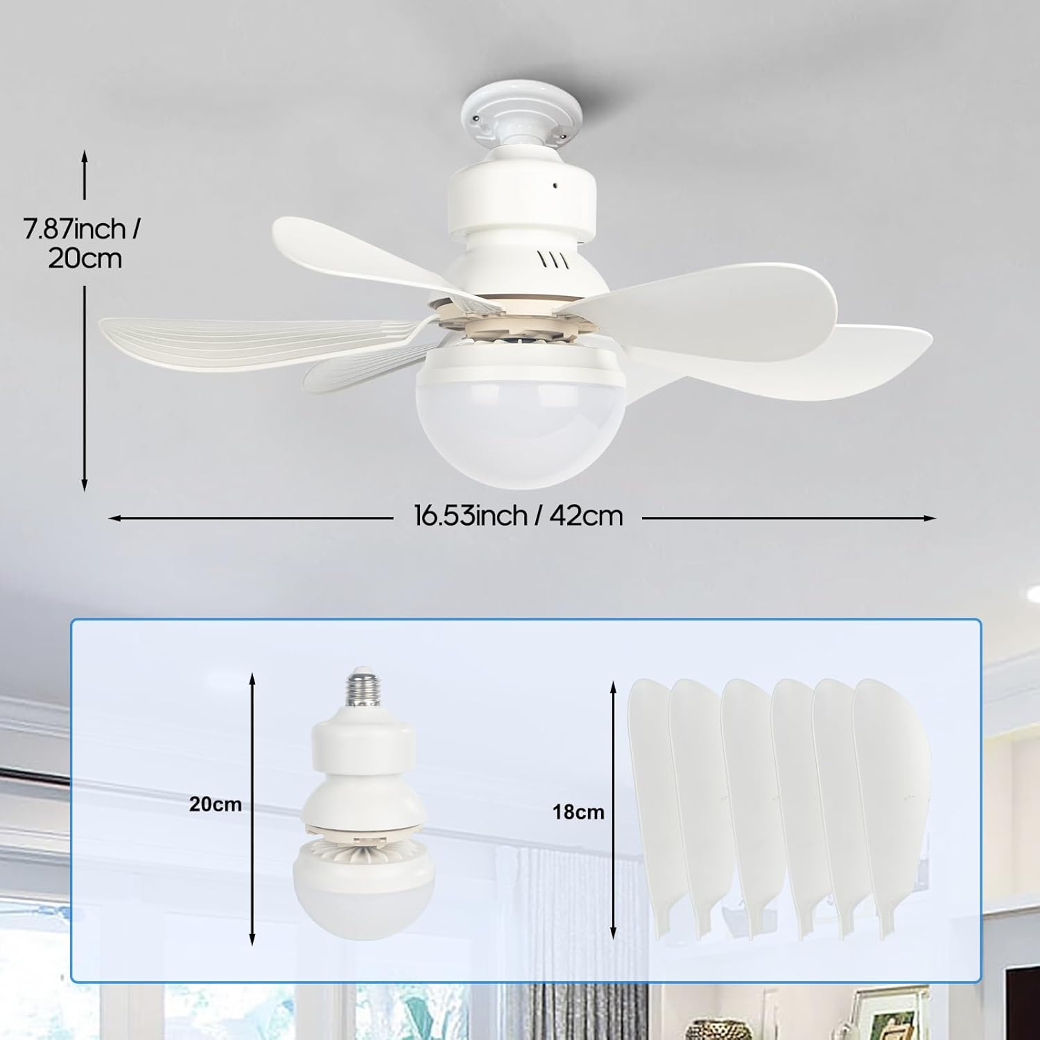 Ventilador de enchufe con control remoto, mini ventilador de techo sin aspas con luz regulable para garaje, lavandería, cocina, habitación,