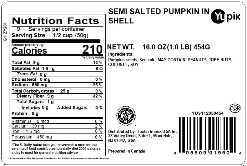 Yupik Semillas de calabaza semisaladas en cáscara, 1 libra, aperitivo salado para llevar, semillas de calabaza asadas, pepitas saladas
