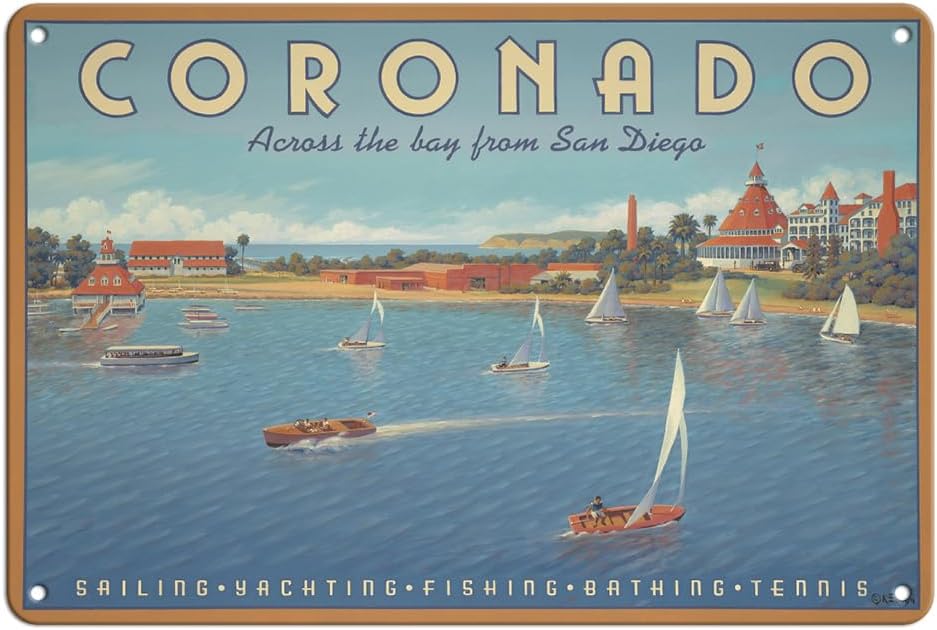 Kerne Erickson – Cartel de viaje vintage de Kerne Erickson en la isla de Coronado – A través de la bahía desde San Diego – Cartel de metal vintage