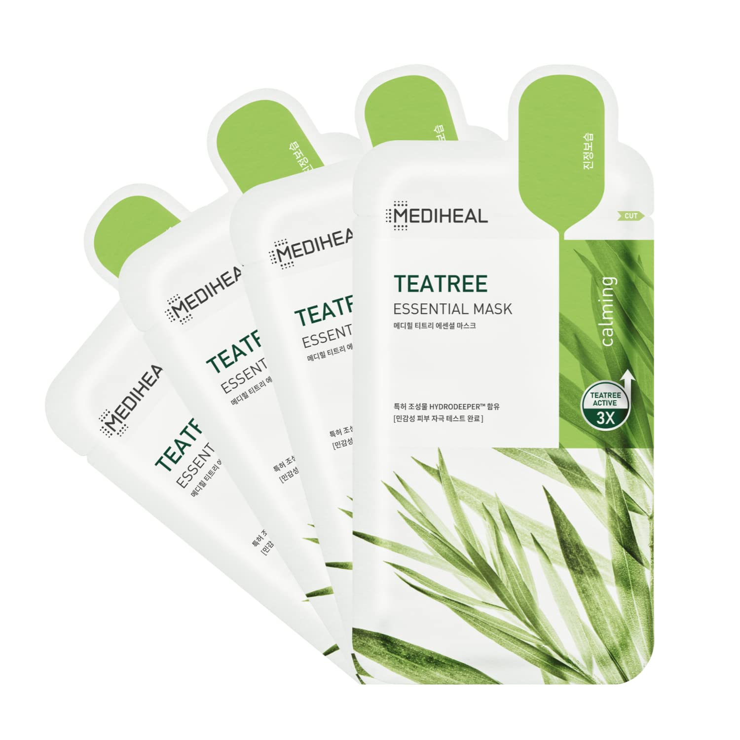 Mediheal La mejor mascarilla coreana oficial de hoja  Máscara facial esencial de árbol de té, 4 hojas de tratamiento calmante para la piel, control