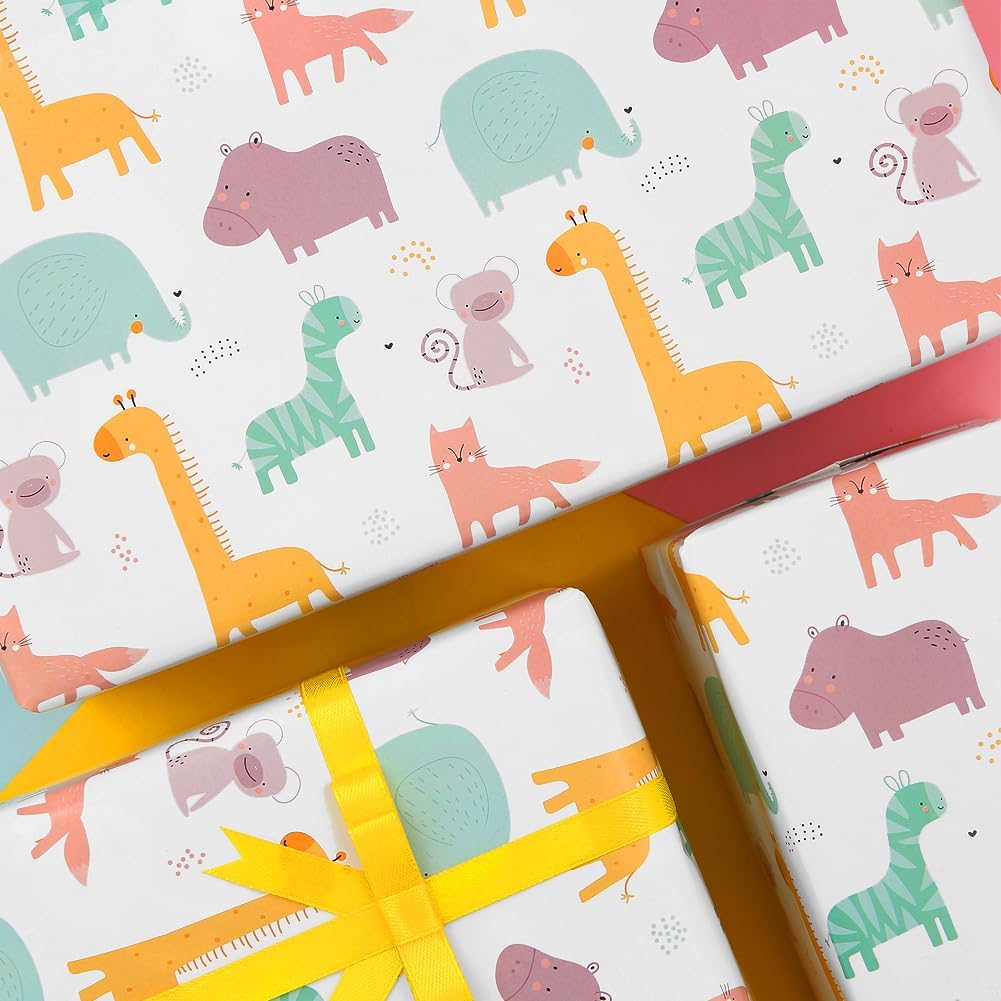 Papel de regalo de cumpleaños para niños, niñas, niños, diseño de animales de dibujos animados, papel de regalo para cumpleaños, baby shower, 4