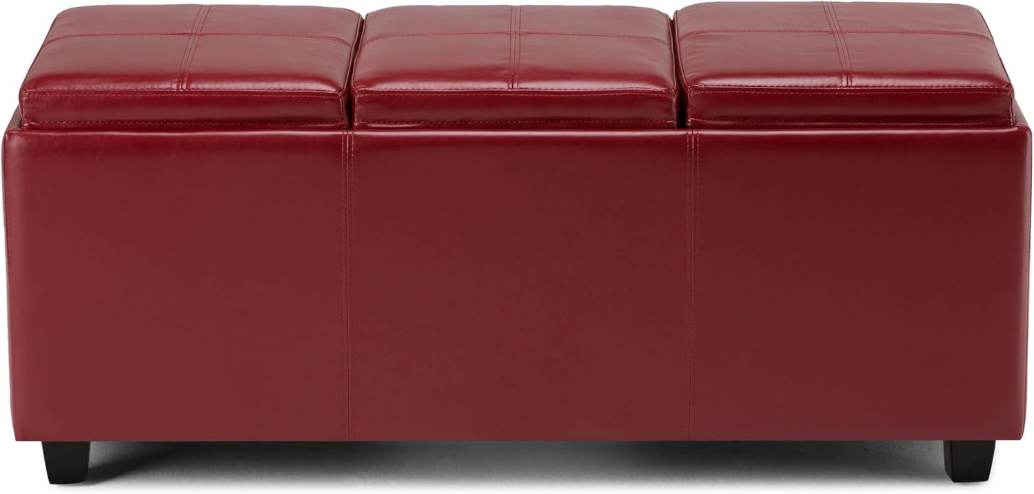 Otomana rectangular de Simpli Home de piel sintética para almacenamiento con 3 bandejas, Avalon, Madera