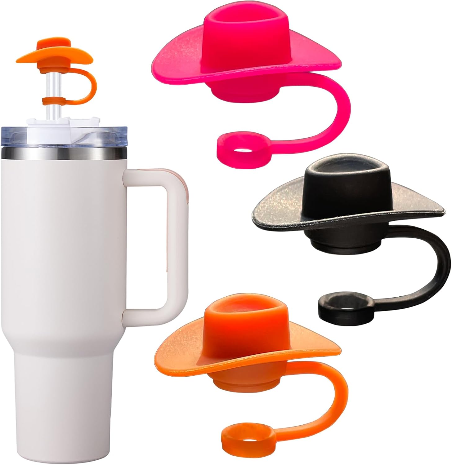 3 tapas de paja para copa Stanley, sombrero de vaquero de silicona para vaso Stanley de 30 y 40 onzas con asa, tapas de paja reutilizables a prueba
