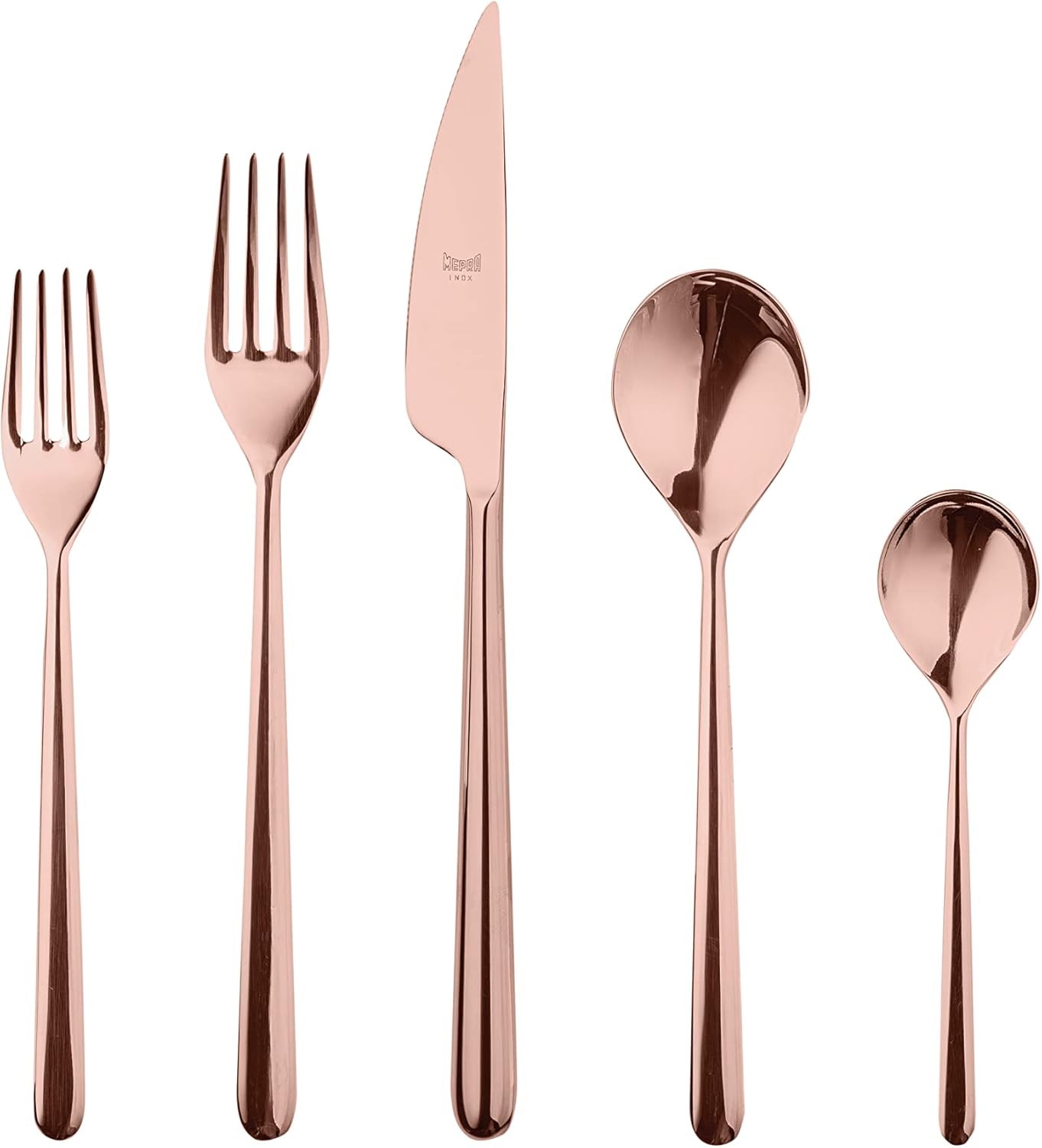 Mepra Linea Bronzo – Juego de cubiertos de 5 piezas, acabado de cobre pulido, cubiertos aptos para lavavajillas para comidas finas