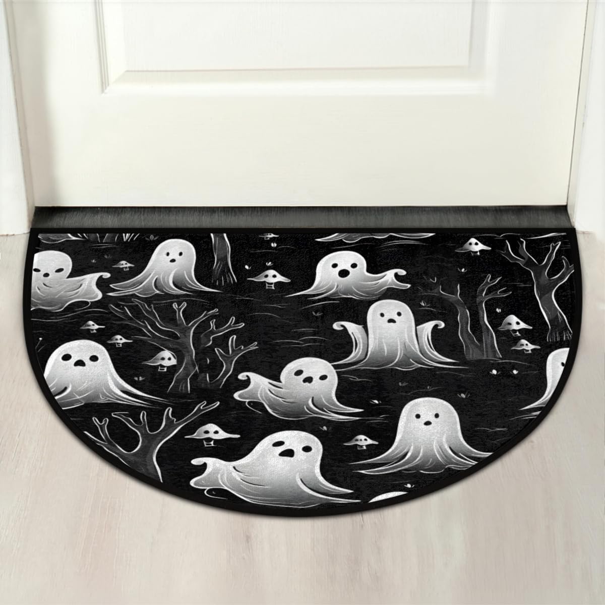 Tapete medio redondo del Día de los Muertos, tapete de bienvenida Boo de Halloween, árbol fantasma, entrada al aire libre, para entrada exterior, 24