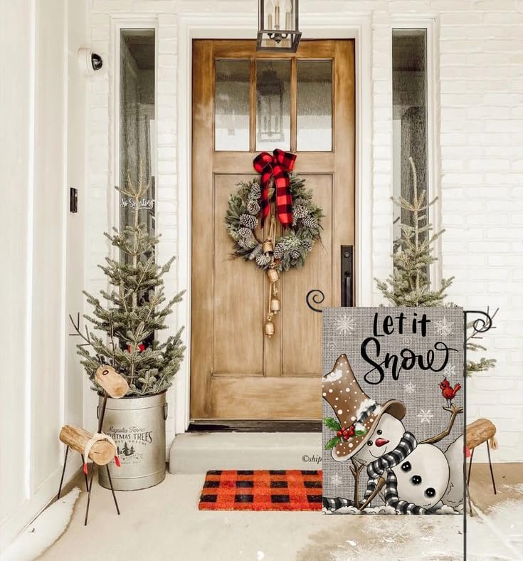 EKOREST Banderas de jardín de invierno para decoración exterior, bandera de patio pequeña con diseño de muñeco de nieve gris Let it Snow, Navidad,