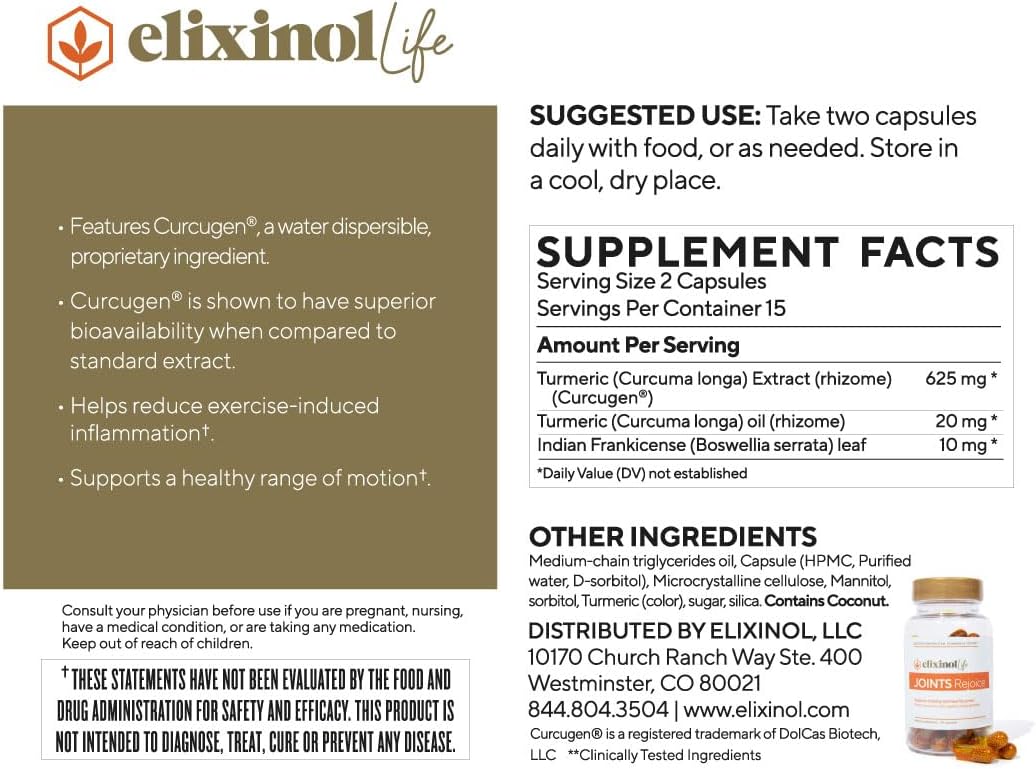 Elixinol Life Joints Rejoice Suplemento para articulaciones con curcumina, 30 cápsulas