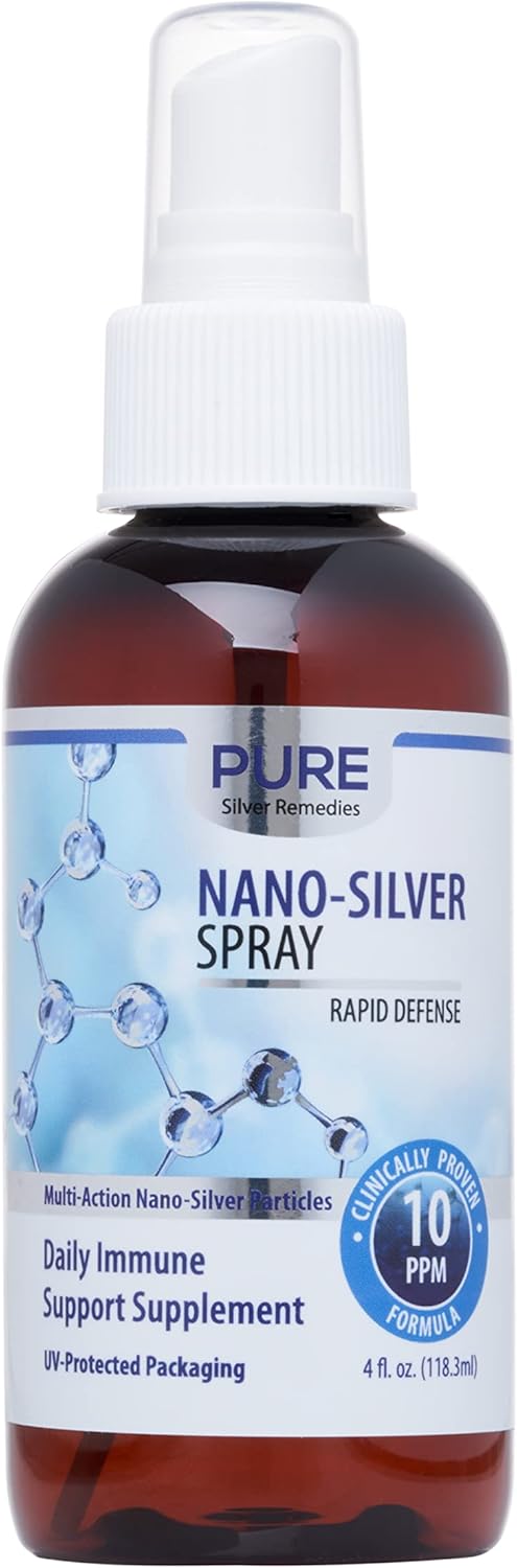 Pure Nano Silver Spray de 4 onzas  Suplemento diario de apoyo inmunológico de 10 PPM  Nano plata coloidal de fácil absorción  Solución de plata apta