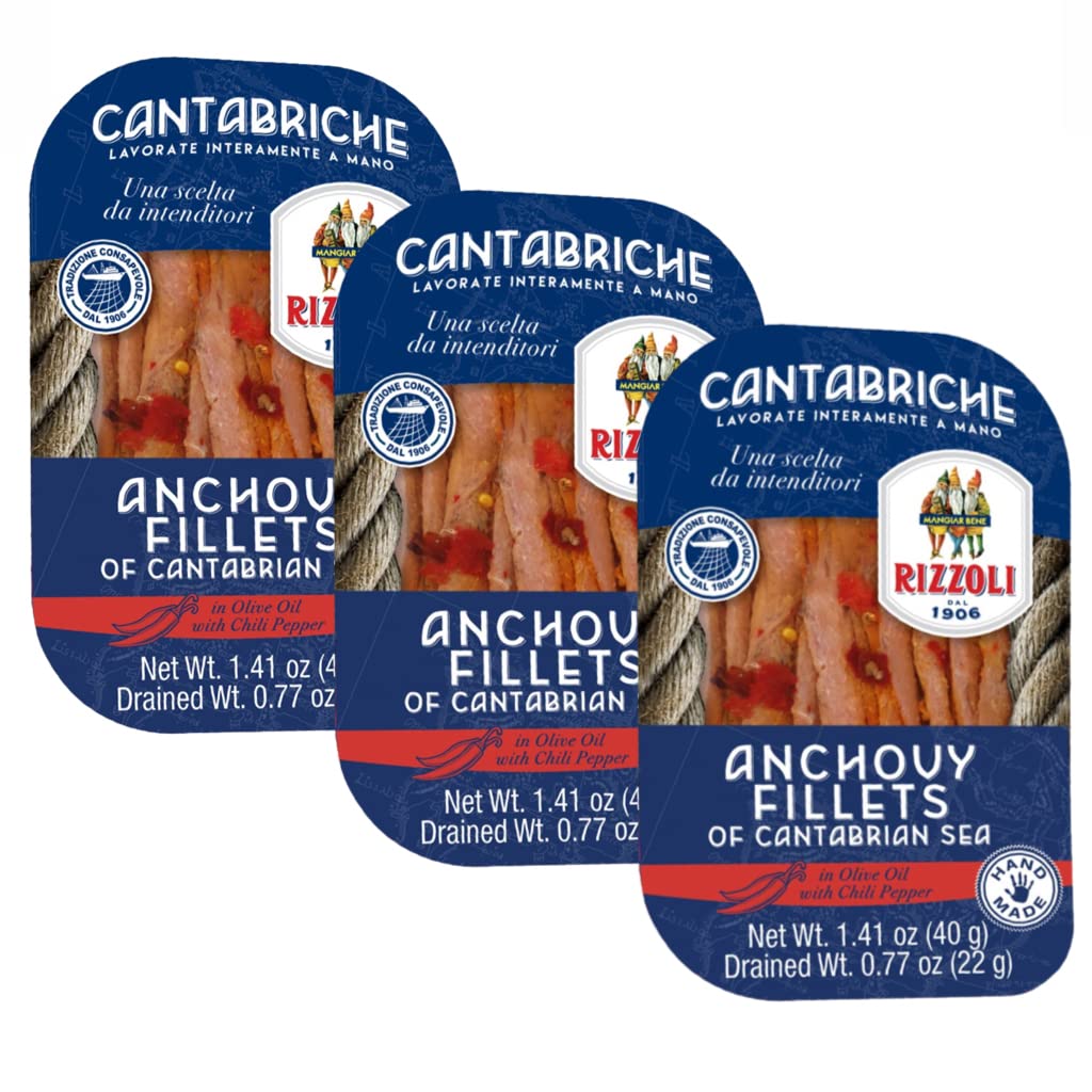 Filetes de Anchoa de Mar Cantábrico con Chili Rizzoli, fragantes, únicos en sabor (paquete de 3)