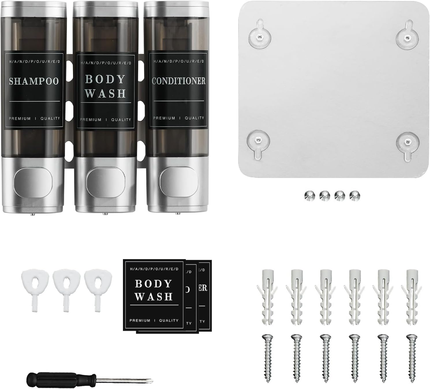 Dispensador de champú y acondicionador, dispensador de ducha de 3 cámaras, sin taladro, dispensador de champú montado en la pared para ducha,