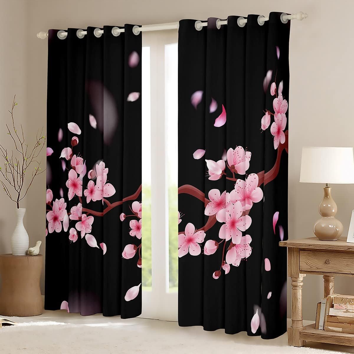 Feelyou Cortinas opacas de 30 % a 50 % de flores de cerezo, cortinas de estilo japonés para niños y niñas, cortinas florales botánicas para