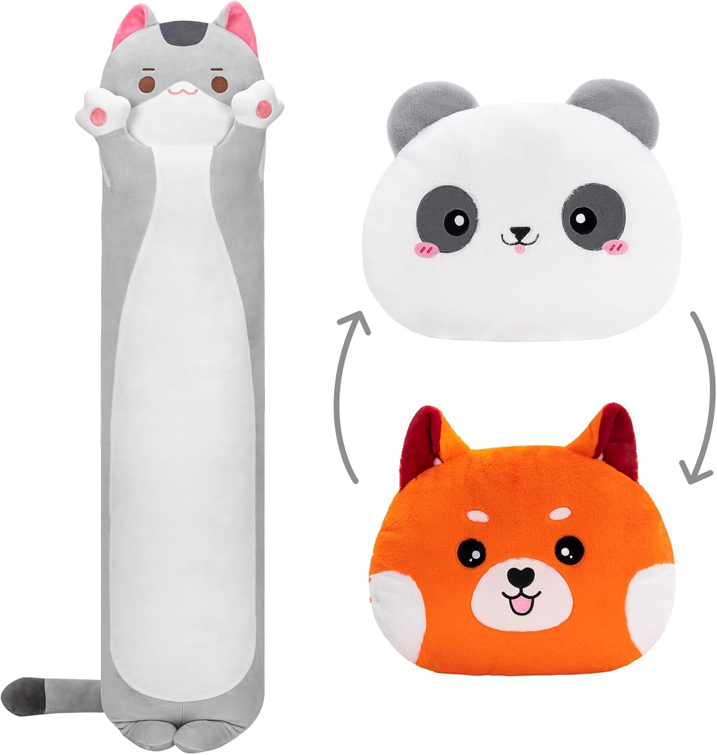 Peluche largo de gato + felpa reversible, almohada de felpa de gato gris de 44 pulgadas + almohada de felpa de zorro de panda rojo de 18 pulgadas