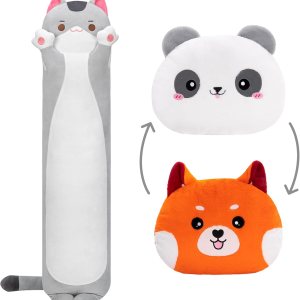 Peluche largo de gato + felpa reversible, almohada de felpa de gato gris de 44 pulgadas + almohada de felpa de zorro de panda rojo de 18 pulgadas Peluche largo de gato + felpa reversible, almohada de felpa de gato gris de 44 pulgadas + almohada de felpa de zorro de panda rojo de 18 pulgadas