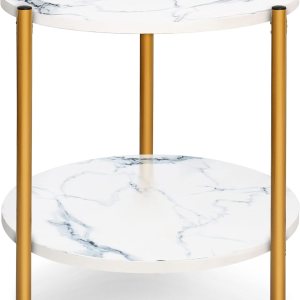 Mesa auxiliar de mármol blanco de 2 niveles, pequeña mesa auxiliar dorada redonda y moderna, mesita de noche para dormitorio y sala de estar, 16 Mesa auxiliar de mármol blanco de 2 niveles, pequeña mesa auxiliar dorada redonda y moderna, mesita de noche para dormitorio y sala de estar, 16