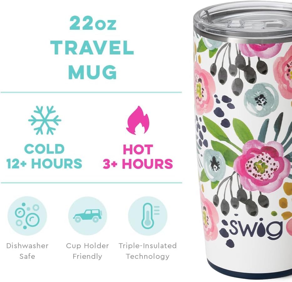 Swig Life Primrose XL – Juego de taza de viaje de 22 onzas con asa y tapa + vaso con triple aislamiento de 32 onzas con tapa, acero inoxidable, apto