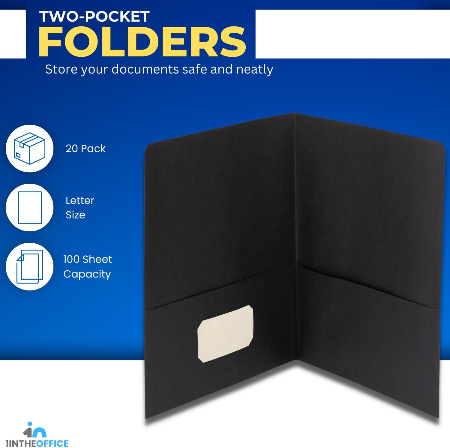 1InTheOffice Carpetas de 2 bolsillos, carpetas de dos bolsillos con bolsillos, carpetas de presentación, tamaño carta, negro, (paquete de 20)