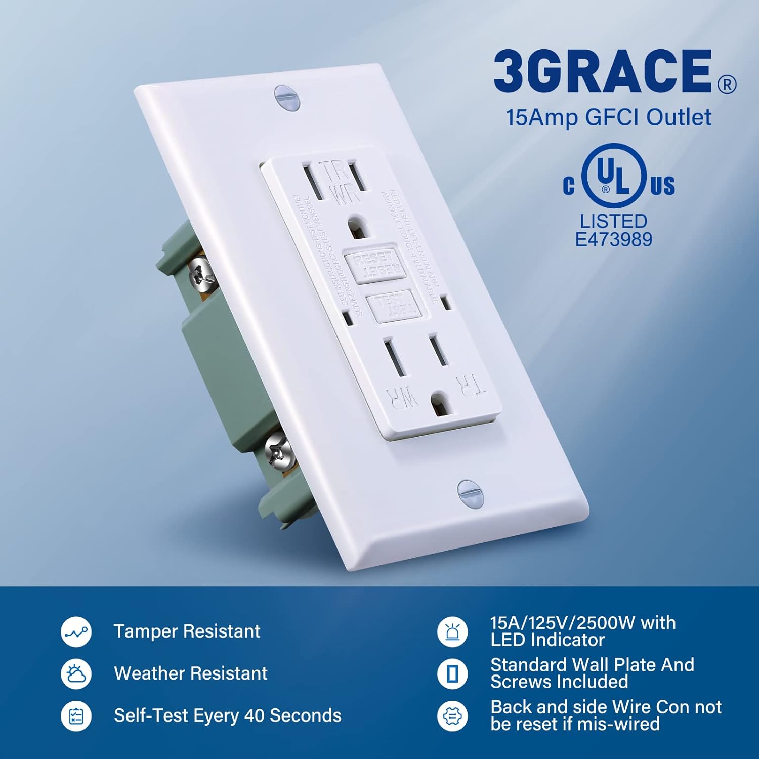 3GRACE Toma GFCI de 15 amperios, resistente a manipulaciones, resistente a la intemperie, uso en interiores o exteriores, indicador LED con placas