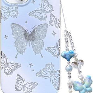 Abbery Funda diseñada para iPhone 1314, con brillantina, bonita transparente, con diseño de mariposa con correa para la muñeca, color morado y azul Abbery Funda diseñada para iPhone 1314, con brillantina, bonita transparente, con diseño de mariposa con correa para la muñeca, color morado y azul