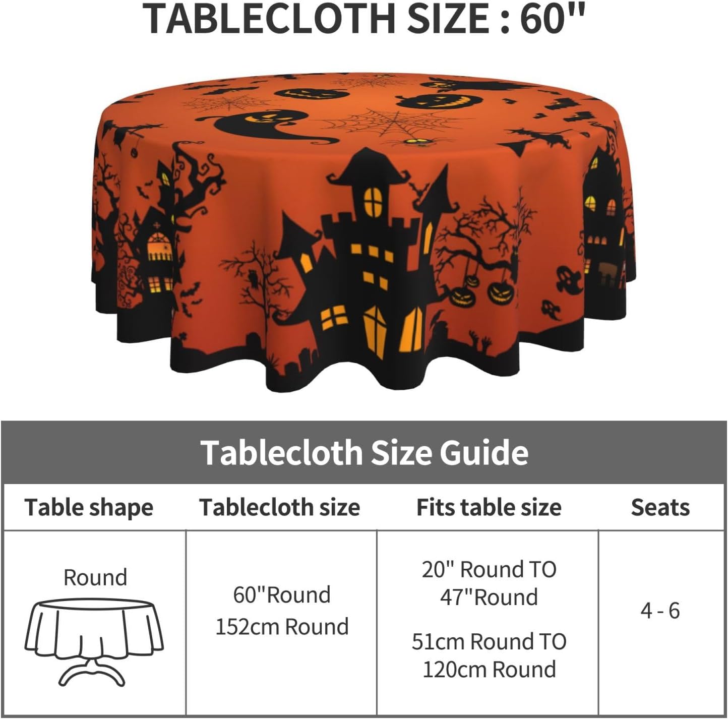 Gianlaima Mantel redondo de tela de araña de Halloween, diseño de calabaza, murciélago, bruja, impermeable, lavable, para el hogar, restaurante,