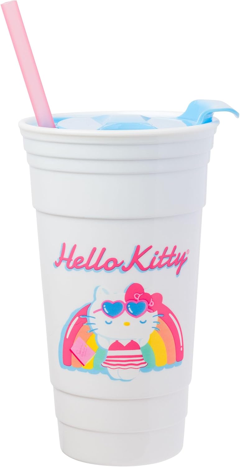 Silver Buffalo Sanrio Hello Kitty Summer Rainbow Floatie – Vaso de plástico con tapa y pajita, 32 onzas