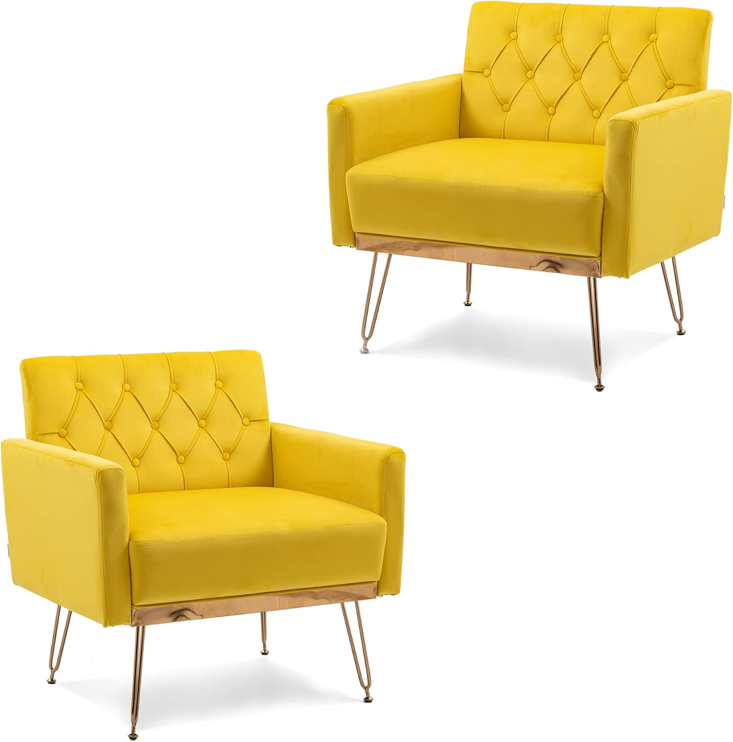 Olela Juego de 2 sillas decorativas, sofá individual de terciopelo, sillas de lectura laterales tapizadas modernas con brazo y patas de metal dorado