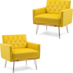 Olela Juego de 2 sillas decorativas, sofá individual de terciopelo, sillas de lectura laterales tapizadas modernas con brazo y patas de metal dorado Olela Juego de 2 sillas decorativas, sofá individual de terciopelo, sillas de lectura laterales tapizadas modernas con brazo y patas de metal dorado